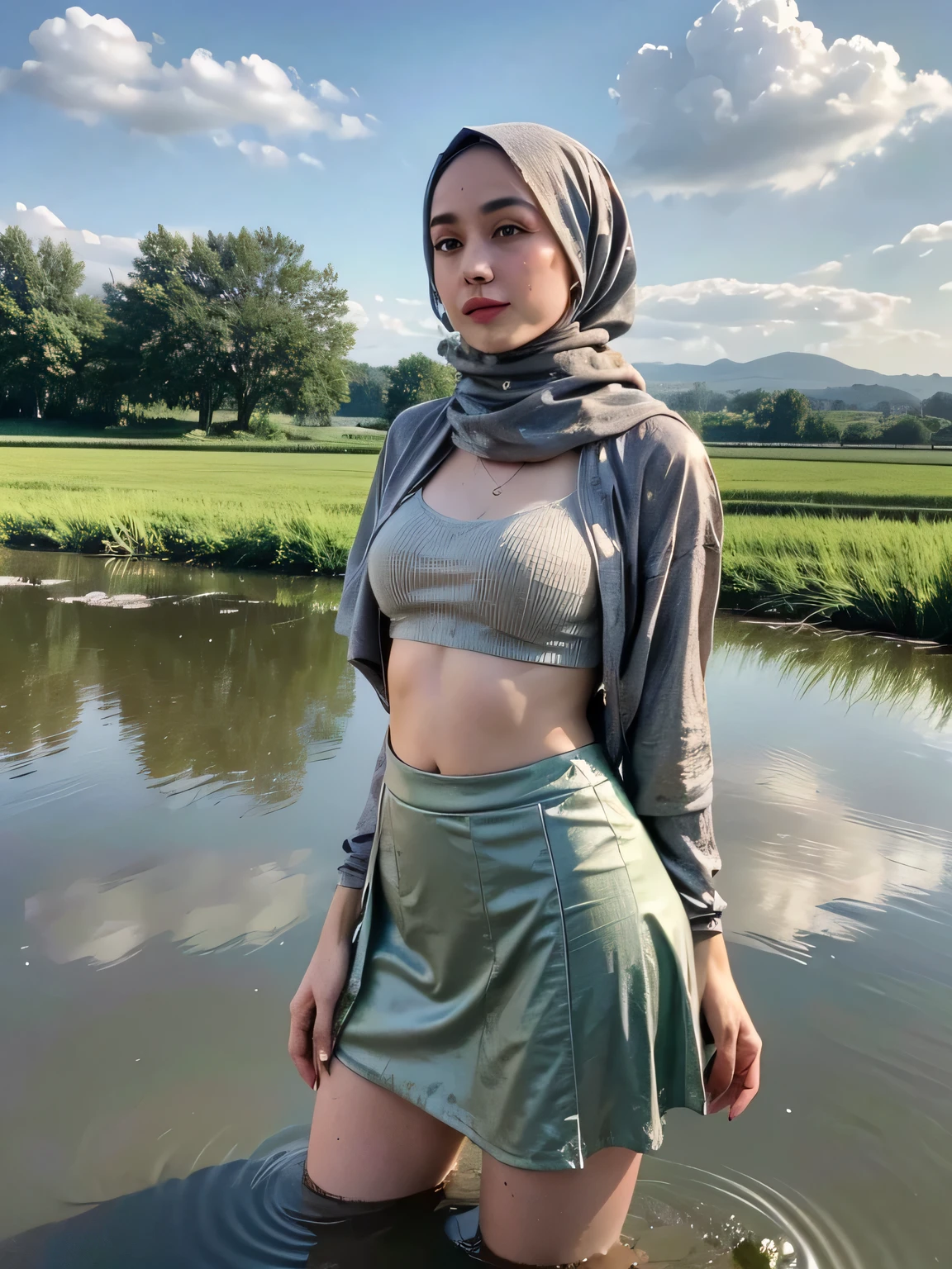 (best quality,realistic,highres:1.2),woman with hijab lying on muddy paddy rice field,wet body soaked,wearing bra and mini skirt,huge breast,showing pubic hairs wet,wet and dirty hijab,mesmerizing eyes,sincere smile,peaceful atmosphere,green and golden-tinged color palette,soft sunlight illuminating the scene,vibrant green paddy rice,reflective water puddles around the woman,cloudy sky in the background,muddy texture on the ground,detailed expression of the woman's face and body,subtle wind blowing on the hijab and skirt,graceful pose of the woman,calmness and tranquility in her gaze,harmony with nature,majestic presence of the woman amidst the rural landscape,subtle hint of the woman's confident personality,serene and inviting ambiance.