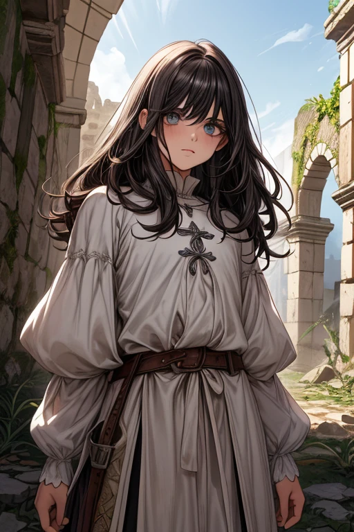 Macho, Cabelo curto ruivo com franja, Olhos pretos, adulto face, adulto, capuz branco e mortalha, bonito, fantasia medieval, ruins, feiticeiros