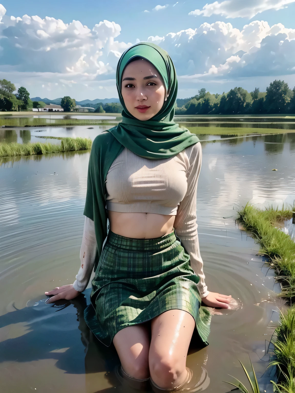 (best quality,realistic,highres:1.2),woman with hijab lying on muddy paddy rice field,wet body soaked,wearing bra and mini skirt,huge breast,showing pubic hairs wet,wet and dirty hijab,mesmerizing eyes,sincere smile,peaceful atmosphere,green and golden-tinged color palette,soft sunlight illuminating the scene,vibrant green paddy rice,reflective water puddles around the woman,cloudy sky in the background,muddy texture on the ground,detailed expression of the woman's face and body,subtle wind blowing on the hijab and skirt,graceful pose of the woman,calmness and tranquility in her gaze,harmony with nature,majestic presence of the woman amidst the rural landscape,subtle hint of the woman's confident personality,serene and inviting ambiance.