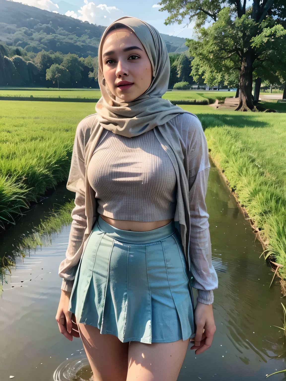 (best quality,realistic,highres:1.2),woman with hijab lying on muddy paddy rice field,wet body soaked,wearing bra and mini skirt,huge breast,showing pubic hairs wet,wet and dirty hijab,mesmerizing eyes,sincere smile,peaceful atmosphere,green and golden-tinged color palette,soft sunlight illuminating the scene,vibrant green paddy rice,reflective water puddles around the woman,cloudy sky in the background,muddy texture on the ground,detailed expression of the woman's face and body,subtle wind blowing on the hijab and skirt,graceful pose of the woman,calmness and tranquility in her gaze,harmony with nature,majestic presence of the woman amidst the rural landscape,subtle hint of the woman's confident personality,serene and inviting ambiance.