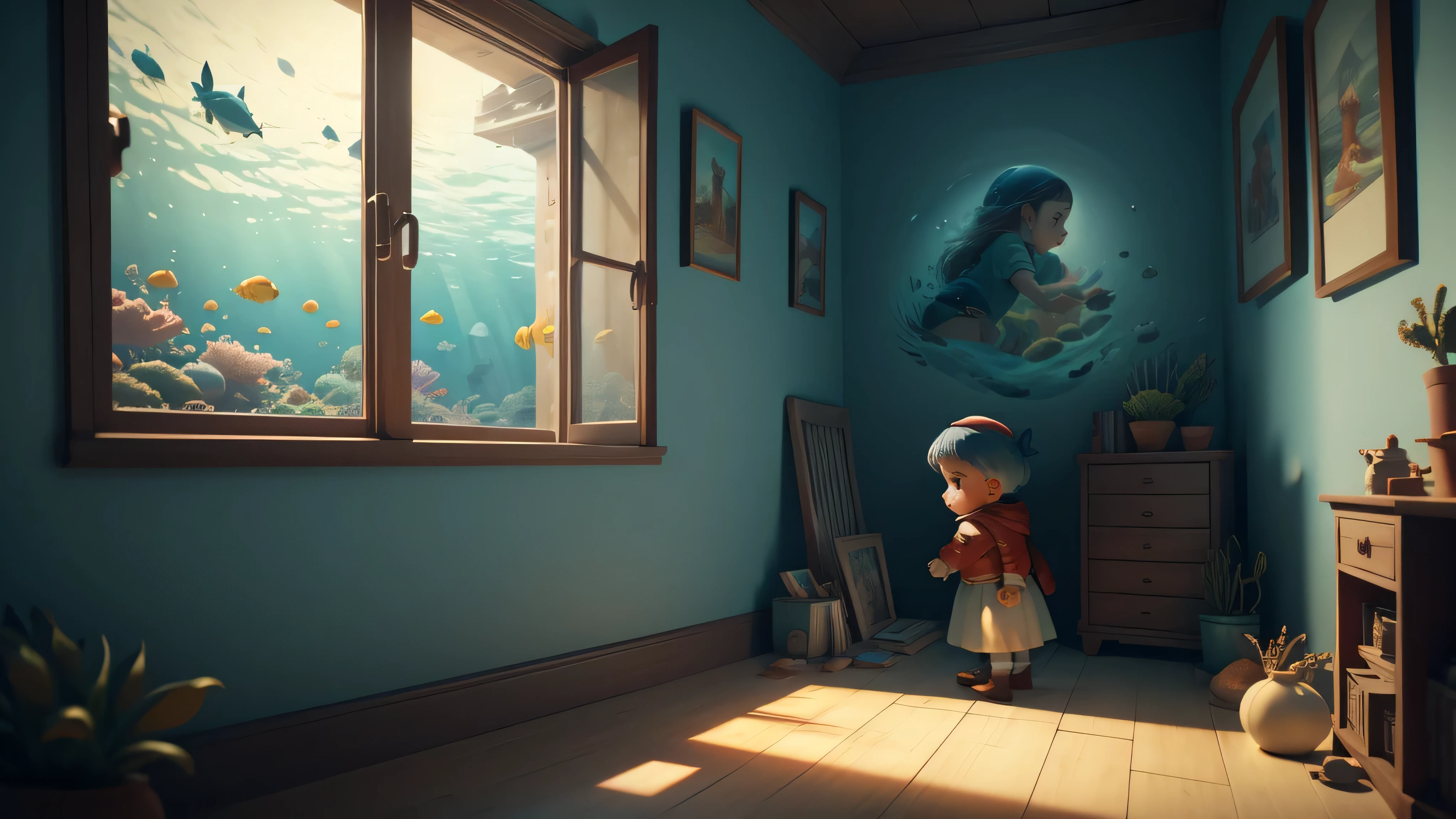 Exterior View of an Underwater Window: A Child Looks Nostalgically Through the Window, Animated Style, Children’s Cartoon, Underwater World, Children’s House, Children’s Tale, Evening Tale. (Best Quality, 8k, Masterpiece: 1.2) ultra-detailed.