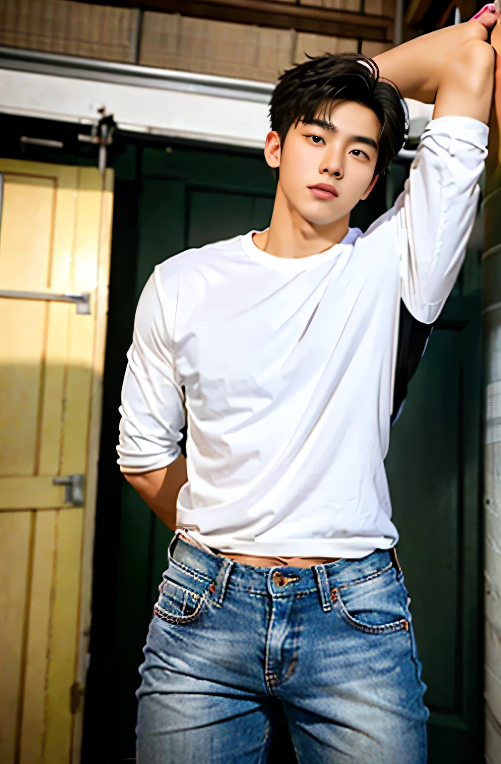 Alafed male model in white jeans and denim jacket leaning against wall, Korean Male, Jinyoung Shin, korean muscle boy 2 , model with attractive body, Cai Xukun's, taejune kim, male model, siwoo kim, inspired by Joong Keun Lee, Hyuntae, inspired by jeonseok lee, sun-hyuk kim, with abs
