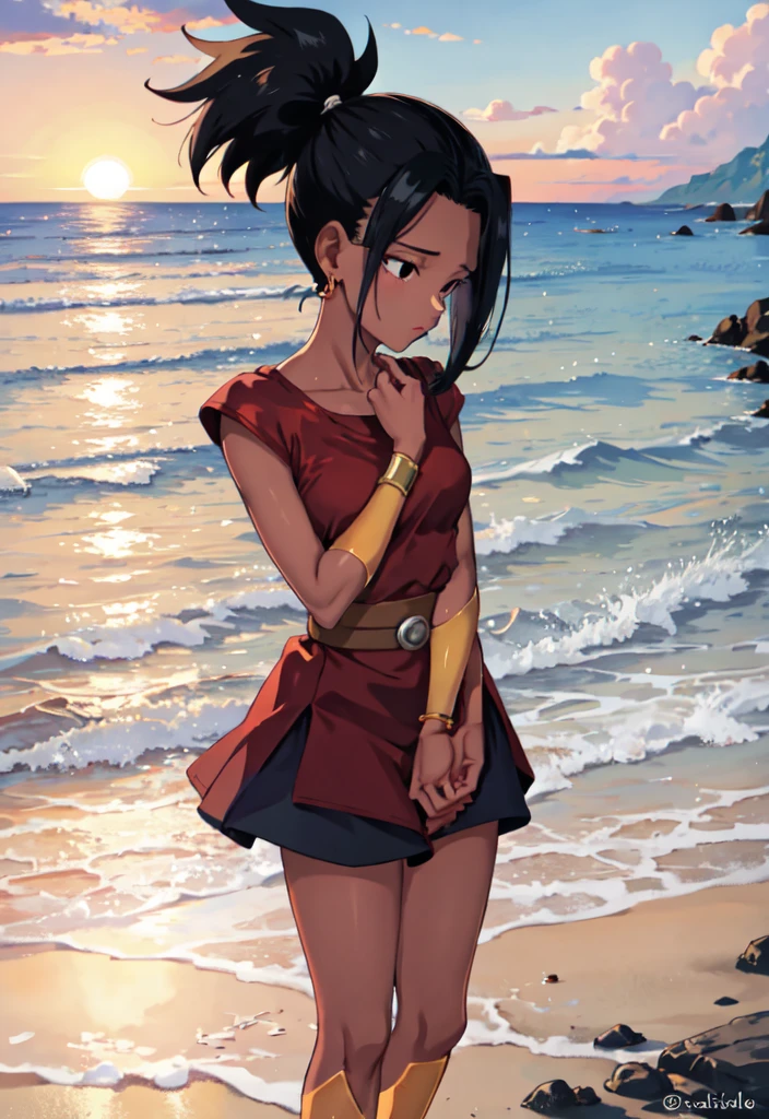 artwork, best quality, Kale, black eyes, ponytail, top cut, armband, red skirt, torso, standing, looking at viewer, nervous, On a paradisiacal beach, the golden evening sun bathes the golden sand and the crystal clear waves of the sea. The predominant colors are the deep blue of the ocean, the gold of the sun reflecting on the water and the warm orange of the sky at sunset. The character is standing at the water's edge, her body is highlighted by sunlight, while gentle waves kiss her bare feet. The camera angle is medium to low, capturing your entire body in harmony with the stunning scenery around you. Best quality,very details,perfect anatomy, perfect hands