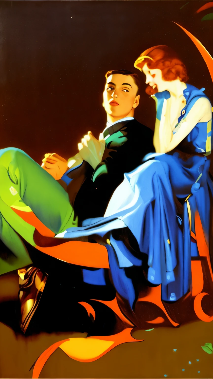 a painting of a man and woman sitting on a crescent, james jean and rolf armstrong, joseph leyendecker, enoch bolles, leyendecker, jc leyendecker, j c leyendecker, j. c leyendecker, j.c leyendecker, part leyendecker style, leyendecker style, jc leyendecker!! phil hale!