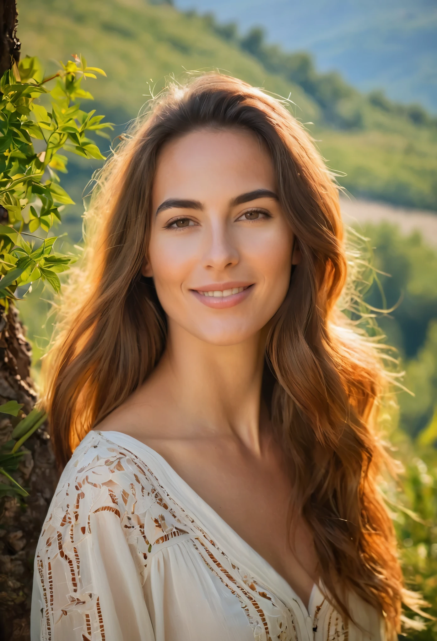 Portrait 'une jeune femme dans un cadre naturel. La composition, la lumière et les couleurs contribuent à créer une image positive et joyeuse, transmitting a feeling of serenity and well-being.