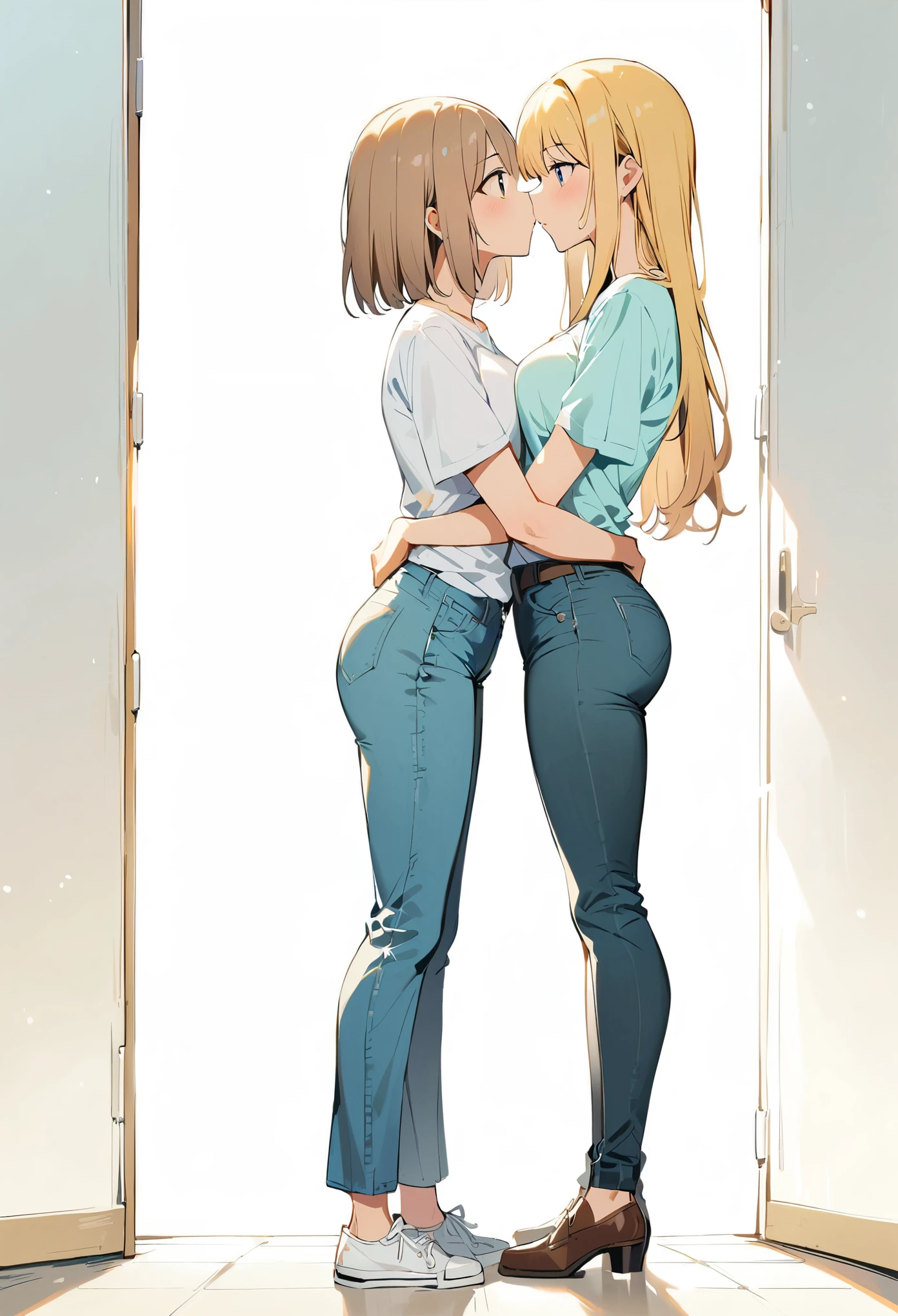 (best quality:1.2), 2 girls, face to face, looking at each other, standing apart, both standing apart, kissing, blue jeans, full body