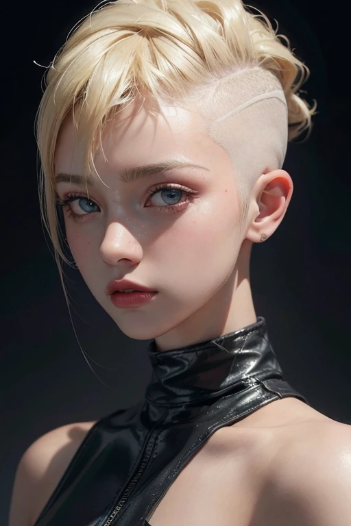 20 year old woman, blonde, (high-top fade:1.3), Dark theme, Soothing tones, muted colors, high contrast, (natural skin texture, hyperrealism, Soft light, spicy)