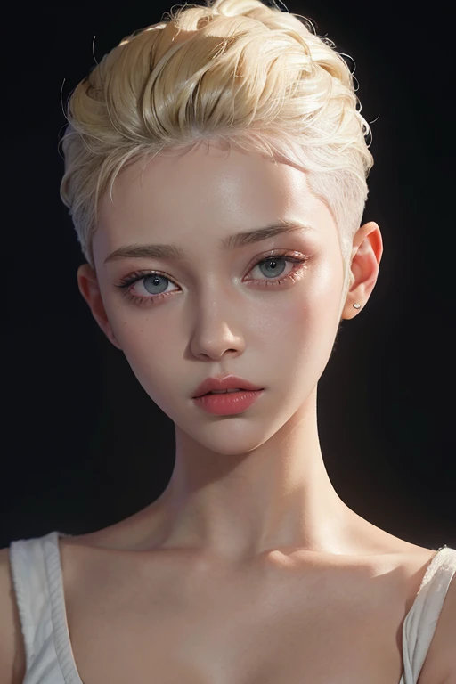 20 year old woman, blonde, (high-top fade:1.3), Dark theme, Soothing tones, muted colors, high contrast, (natural skin texture, hyperrealism, Soft light, spicy)