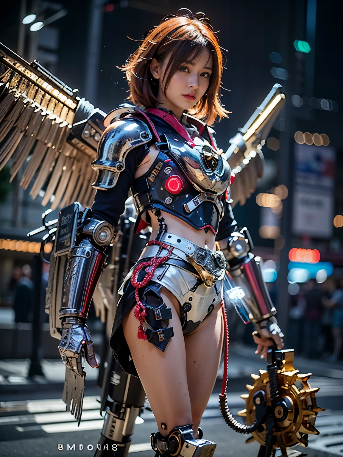 (top-quality:1.2, masterpiece)、ultra high resolution、extremely ultra surrealism, (Photorealsitic:1.4)、Raw photo、(Steampunk Battle Cyborg fallen angel)、large wings made of metal、black porcelain body、red hair、glowy skin、1 Cyborg girl、(mechanical frame:1.3)japanese girl, (samurai armor:1.2), extremely cute face, ((super realistic details))、portrait、globalillumination、Shadow、octan render、8K、ultrasharp、character edge light、Details of complex ornaments、Acrylic Clear Cover、Sumerian details、Hydraulic cylinder、Small LED lamp、highly intricate detail、Realistic light、a purple eye、radiant eyes、Facing the camera、neon details、cowboy shot、About Cyberpunk