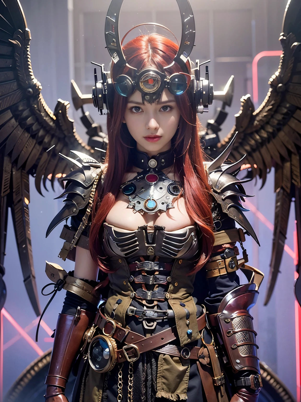 (top-quality:1.2, masterpiece)、ultra high resolution、extremely ultra surrealism, (Photorealsitic:1.4)、Raw photo、(Steampunk Battle Cyborg fallen angel)、large wings made of metal、black porcelain body、red hair、glowy skin、1 Cyborg girl、(mechanical frame:1.3)japanese girl, (samurai armor:1.2), extremely cute face, ((super realistic details))、portrait、globalillumination、Shadow、octan render、8K、ultrasharp、character edge light、Details of complex ornaments、Acrylic Clear Cover、Sumerian details、Hydraulic cylinder、Small LED lamp、highly intricate detail、Realistic light、a purple eye、radiant eyes、Facing the camera、neon details、cowboy shot、About Cyberpunk