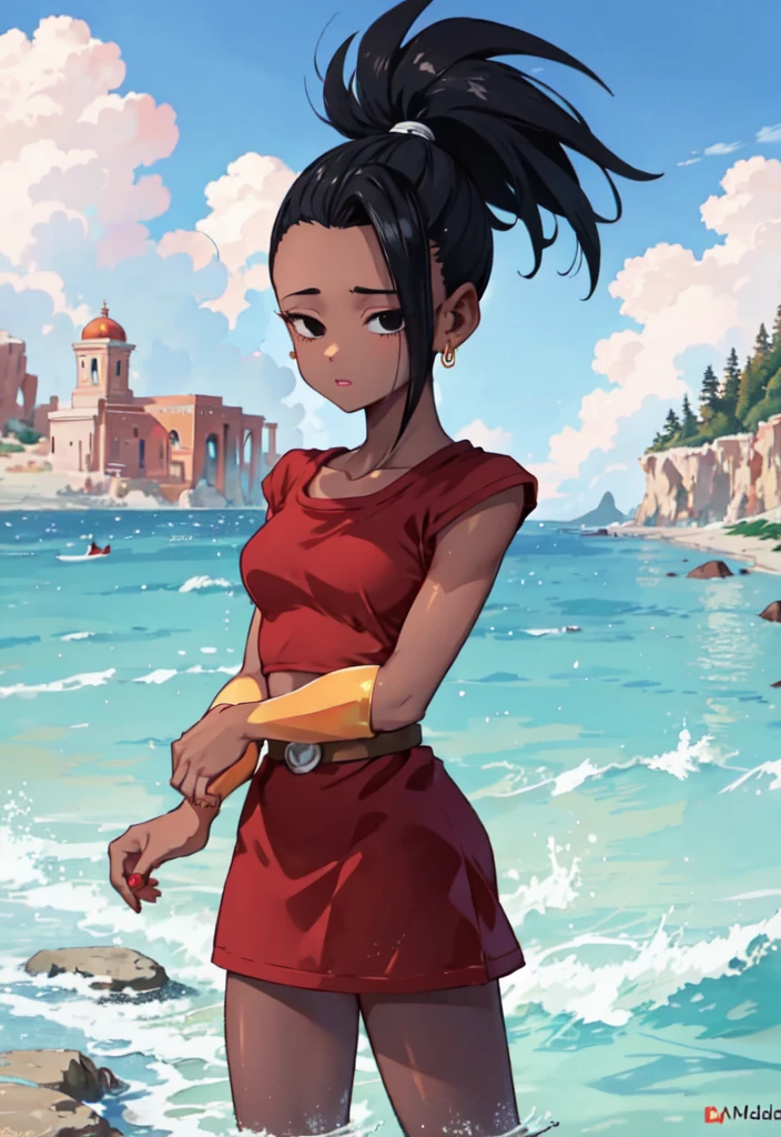 artwork, best quality, Kale, black eyes, ponytail, top cut, armband, red skirt, torso, standing, looking at viewer, nervous, On a paradisiacal beach, the golden evening sun bathes the golden sand and the crystal clear waves of the sea. The predominant colors are the deep blue of the ocean, the gold of the sun reflecting on the water and the warm orange of the sky at sunset. The character is standing at the water's edge, her body is highlighted by sunlight, while gentle waves kiss her bare feet. The camera angle is medium to low, capturing your entire body in harmony with the stunning scenery around you. Best quality,very details,perfect anatomy, perfect hands, very details of your body