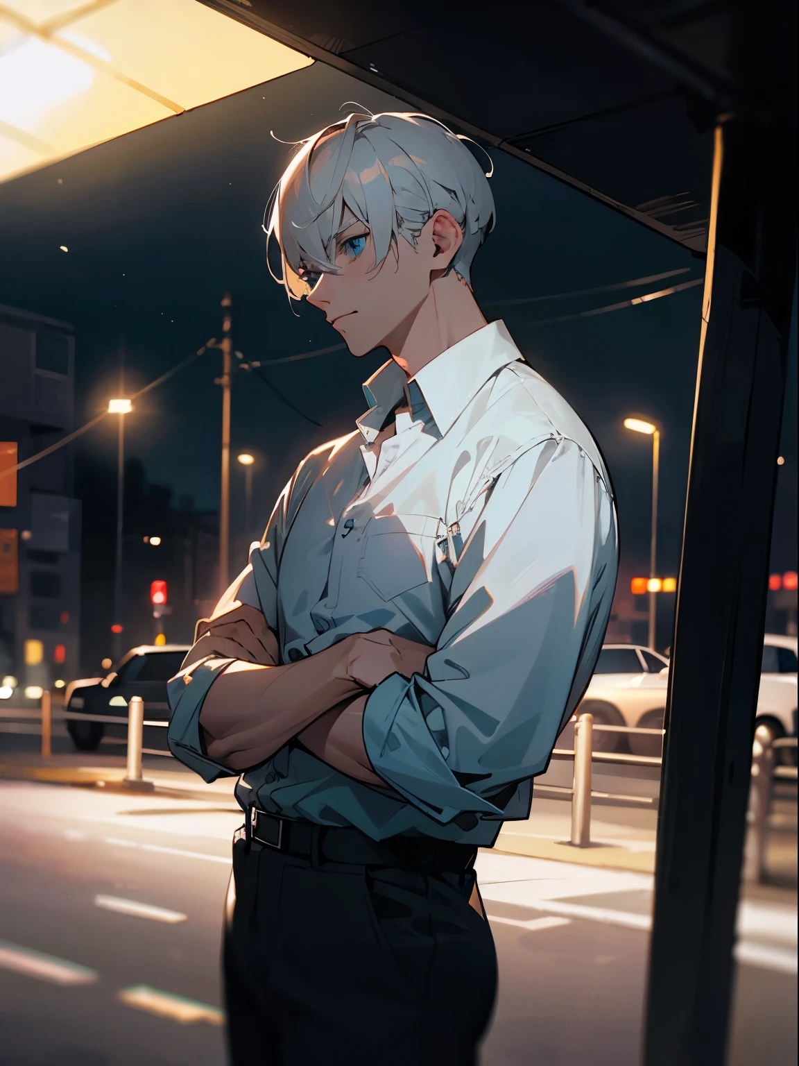 Night time , at a bus stop , spooky lighting ,  lit only by street light , spooky glow , moody scene , reflections, wearing Fall clothing , (masterpiece, best quality )detailed, 1Character , blue archive art style ,  pastel washed out colors , cell shade , soft, muted shades ,gentle colors , Handsome man , White hair , very Short hair, ((crew cut hair style:1 )) , Blue eyes , light skin , ((muscular:1)),masculine ,age 28,