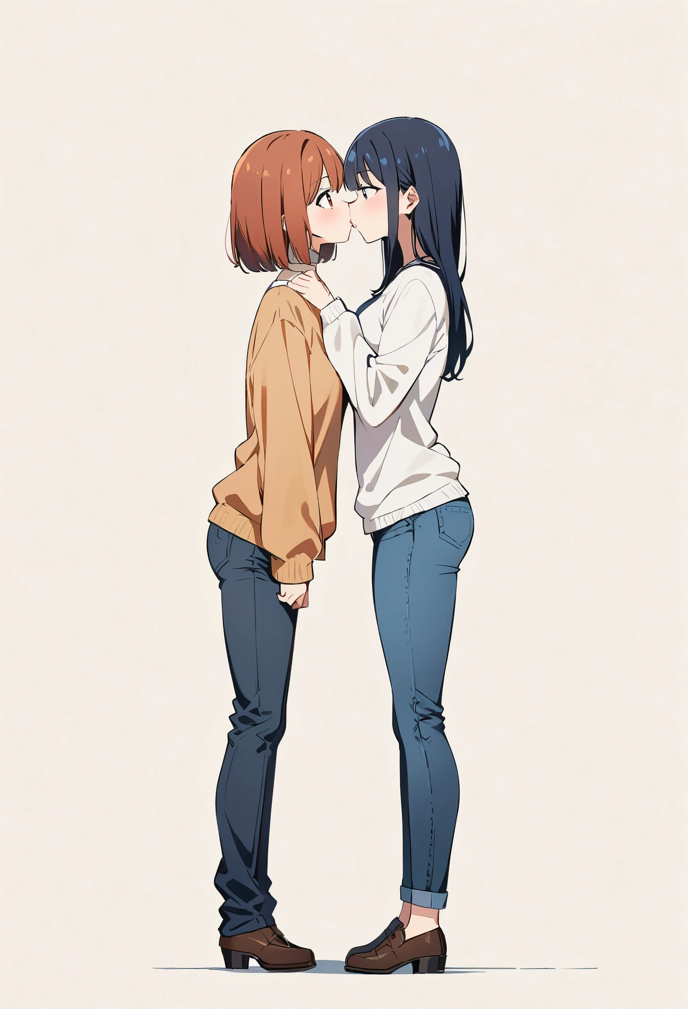 (best quality:1.2), 2 girls, face to face, looking at each other, standing apart, both standing apart, kissing, blue jeans, full body