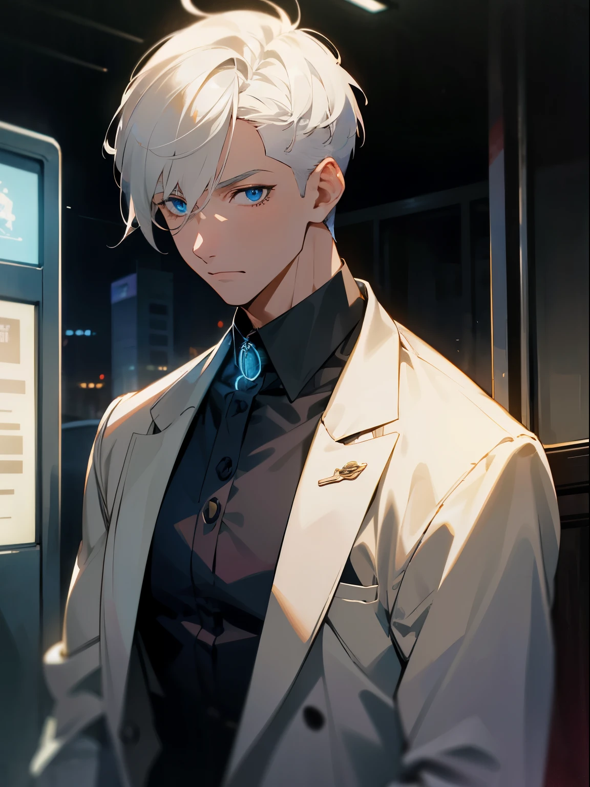 Night time , at a bus stop , spooky lighting , lit only by street light , spooky glow , moody scene , reflections, wearing Fall clothing , (masterpiece, best quality )detailed, 1Character , blue archive art style , pastel washed out colors , cell shade , soft, muted shades ,gentle colors , Handsome man , White hair , very Short hair, ((crew cut hair style:1 )) , Blue eyes , light skin , ((muscular:1)),masculine ,age 28,