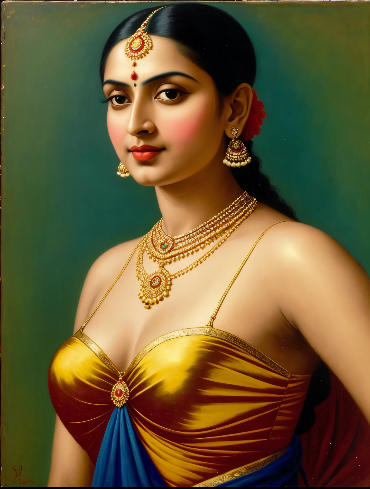 Masterpiece, painting of a woman in a blue dress with a red top and gold jewelry, inspired by Raja Ravi Varma, portrait of a beautiful goddess, by Raja Ravi Varma, a stunning portrait of a goddess, szukalski ravi varma, traditional beauty, indian goddess, beautiful goddess, portrait of modern darna, portrait of a goddess, goddess portrait, perfect body, proportional body, perfect body posture, masterpiece, Indian sensibility, exotic Indian art,
