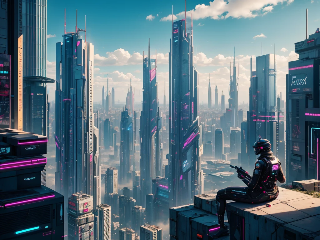 Vista de uma cidade futuristica em estilo cyberpunk