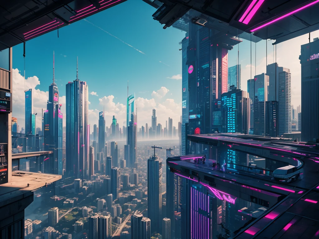 Vista de uma cidade futuristica em estilo cyberpunk