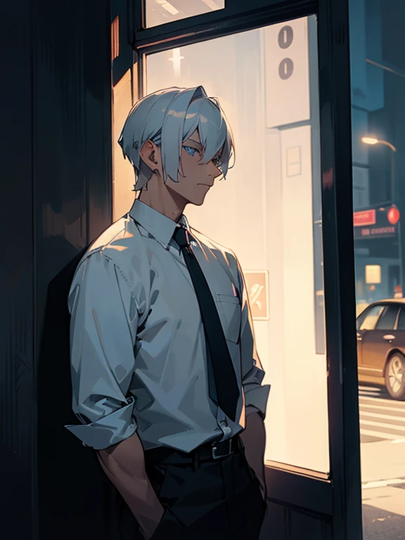 Night time , at a bus stop , spooky lighting , lit only by street light , spooky glow , moody scene , reflections, wearing Fall clothing , (masterpiece, best quality )detailed, 1Character , blue archive art style , pastel washed out colors , cell shade , soft, muted shades ,gentle colors , Handsome man , White hair , very Short hair, ((crew cut hair style:1 )) , Blue eyes , light skin , ((muscular:1)),masculine ,age 28,