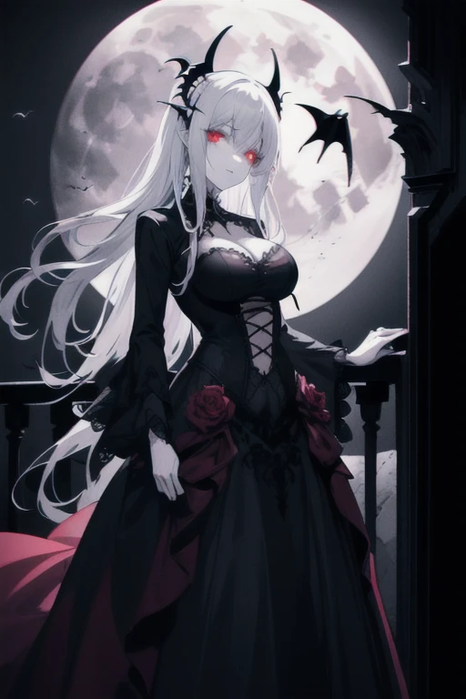 Beautiful Gothic Vampire. Standing on a balcony under the moon. Creepy. volume light, high dynamic range.