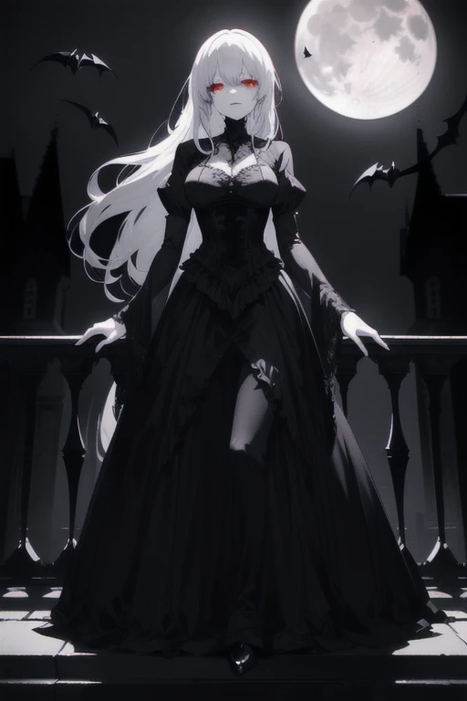 Beautiful Gothic Vampire. Standing on a balcony under the moon. Creepy. volume light, high dynamic range.