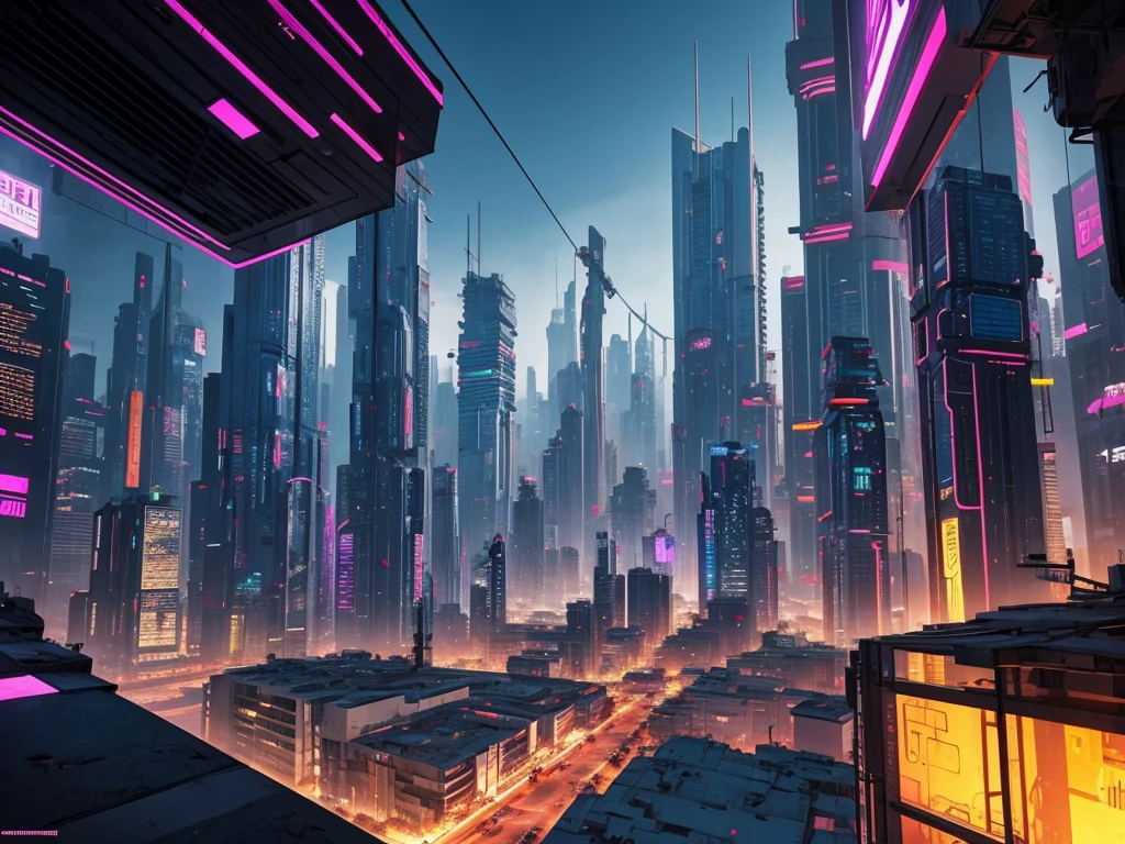 Vista de uma cidade futuristica em estilo cyberpunk, varied angles.