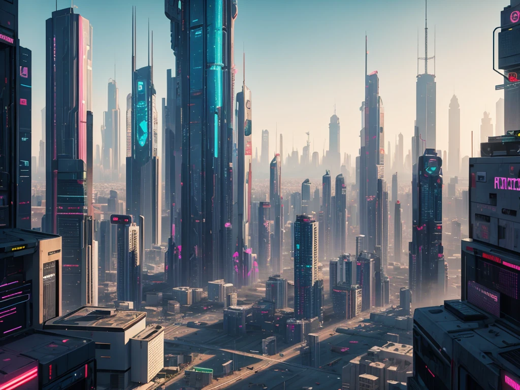 Vista de uma cidade futuristica em estilo cyberpunk, varied angles.
