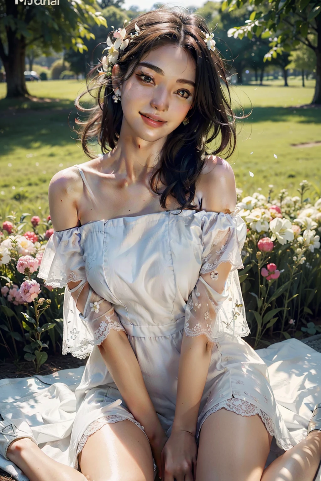Best quality, masterpiece, ultra high res, (photorealistic:1.4), raw photo, 1girl, white dress, off shoulder, blossom flower field, glowing skin, light smile