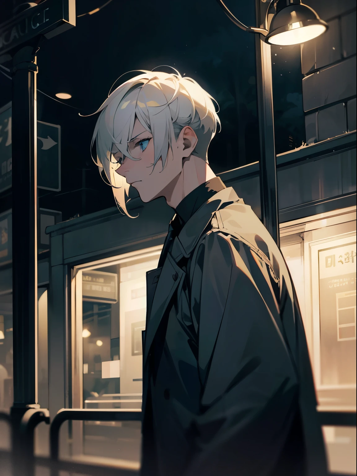 Night time , at a bus stop , spooky lighting , lit only by street light , spooky glow , moody scene , reflections, wearing Fall clothing , (masterpiece, best quality )detailed, 1Character , blue archive art style , pastel washed out colors , cell shade , soft, muted shades ,gentle colors , Handsome man , White hair , very Short hair, ((crew cut hair style:1 )) , Blue eyes , light skin , ((muscular:1)),masculine ,age 28,