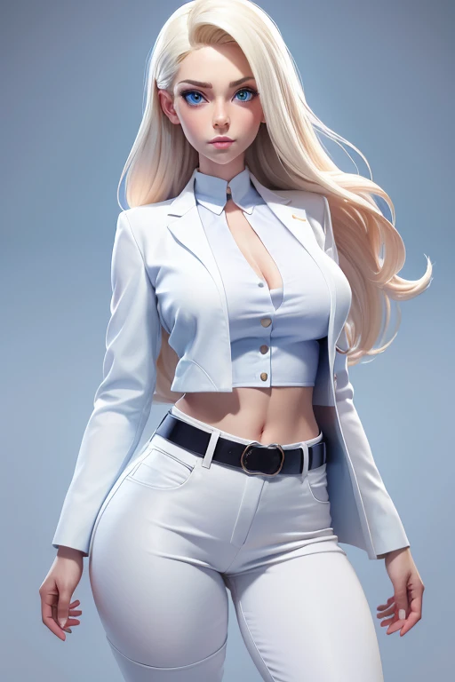 woman with a long face and big blue eyes, big breasts, big hips, belt, white cotton open office jacket, covered navel, cropped legs, cotton, white office suit, long blond hair, front view!, white background, realistic colors, front view, light coming from the right, 8K image quality, Masterpiece