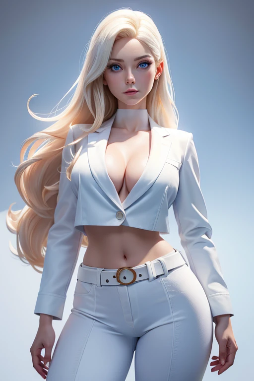 woman with a long face and big blue eyes, big breasts, big hips, belt, white cotton open office jacket, covered navel, cropped legs, cotton, white office suit, long blond hair, front view!, white background, realistic colors, front view, light coming from the right, 8K image quality, Masterpiece