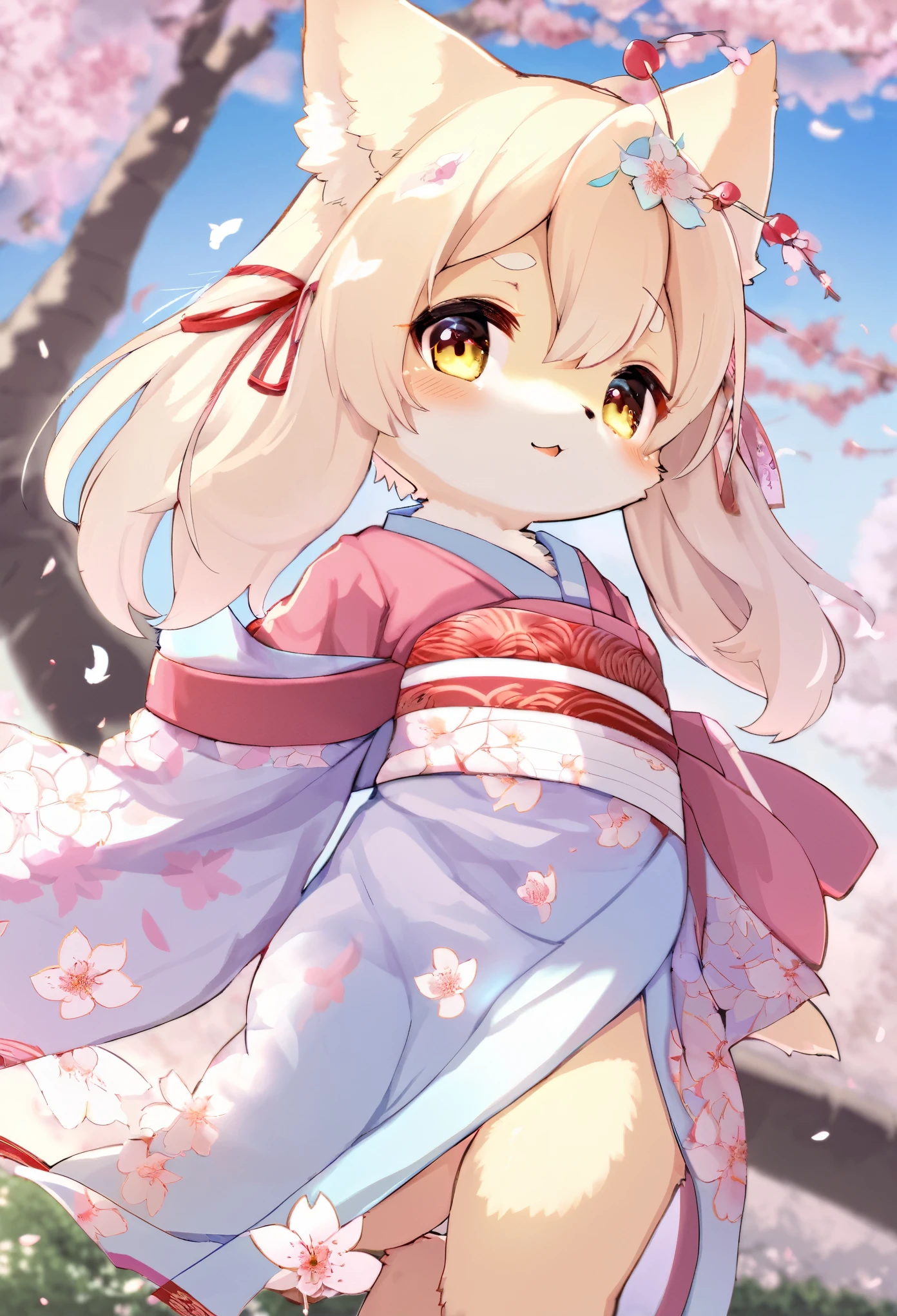 masterpiece, kimono, The cherry tree, cherry blossoms dancing in the wind(super cute 1girl, solo, kemono, furry anthro)