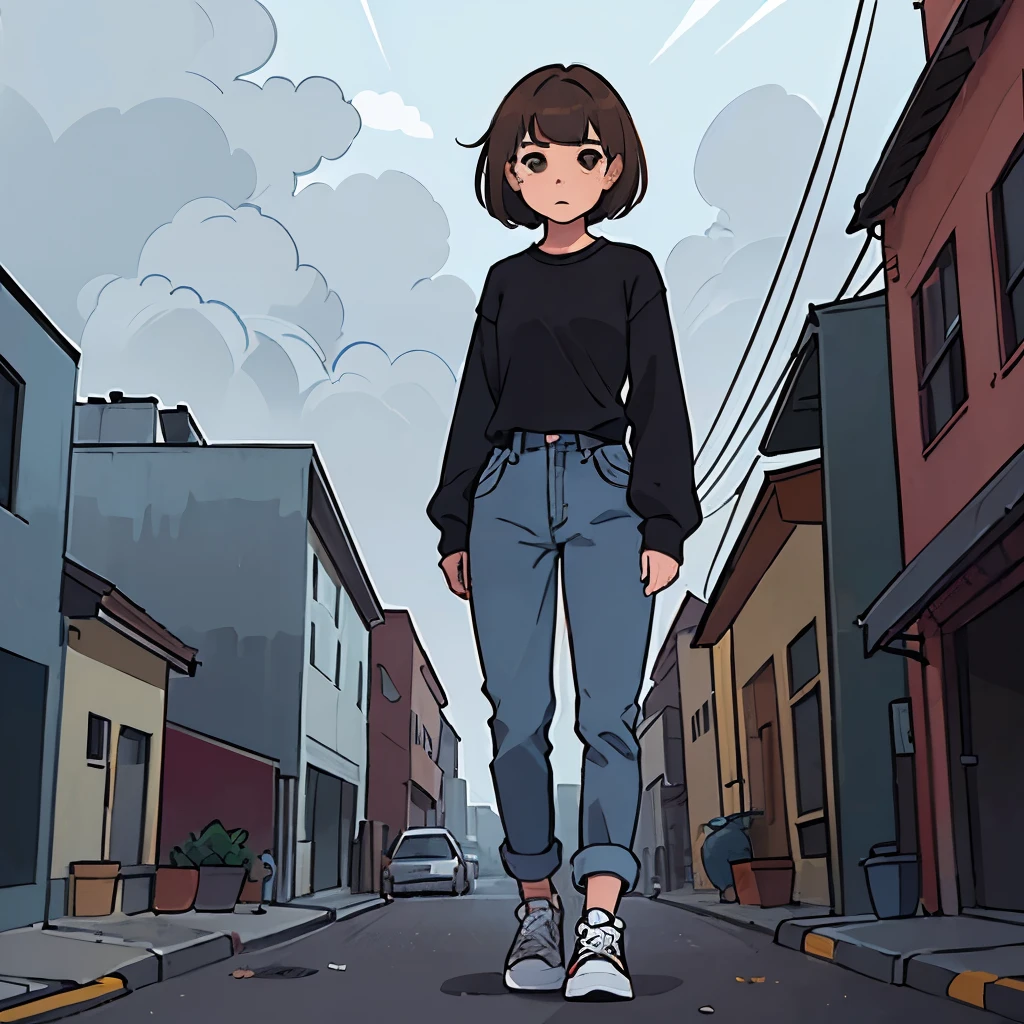girl, Medium height, 160cm, apocalyptic city, Light brown hair color, reddish White skin, black Long-sleeve shirt, Big lips, Bob haircut and fringe, cloudy day, light Brown eyes, Slim body, very Slim legs, flat breast, very slim legs, flat chest, blue pants, converse shoes, very big lips, Stormy sky, gray filter, Long denim pants, Hair moving in the wind,