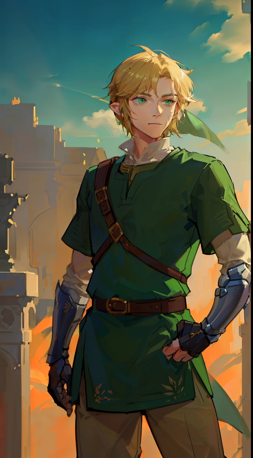 Young guy, short blonde hair, green eyes, scar on his face, light knightly armor, open hands, masterpiece, high quality, link,