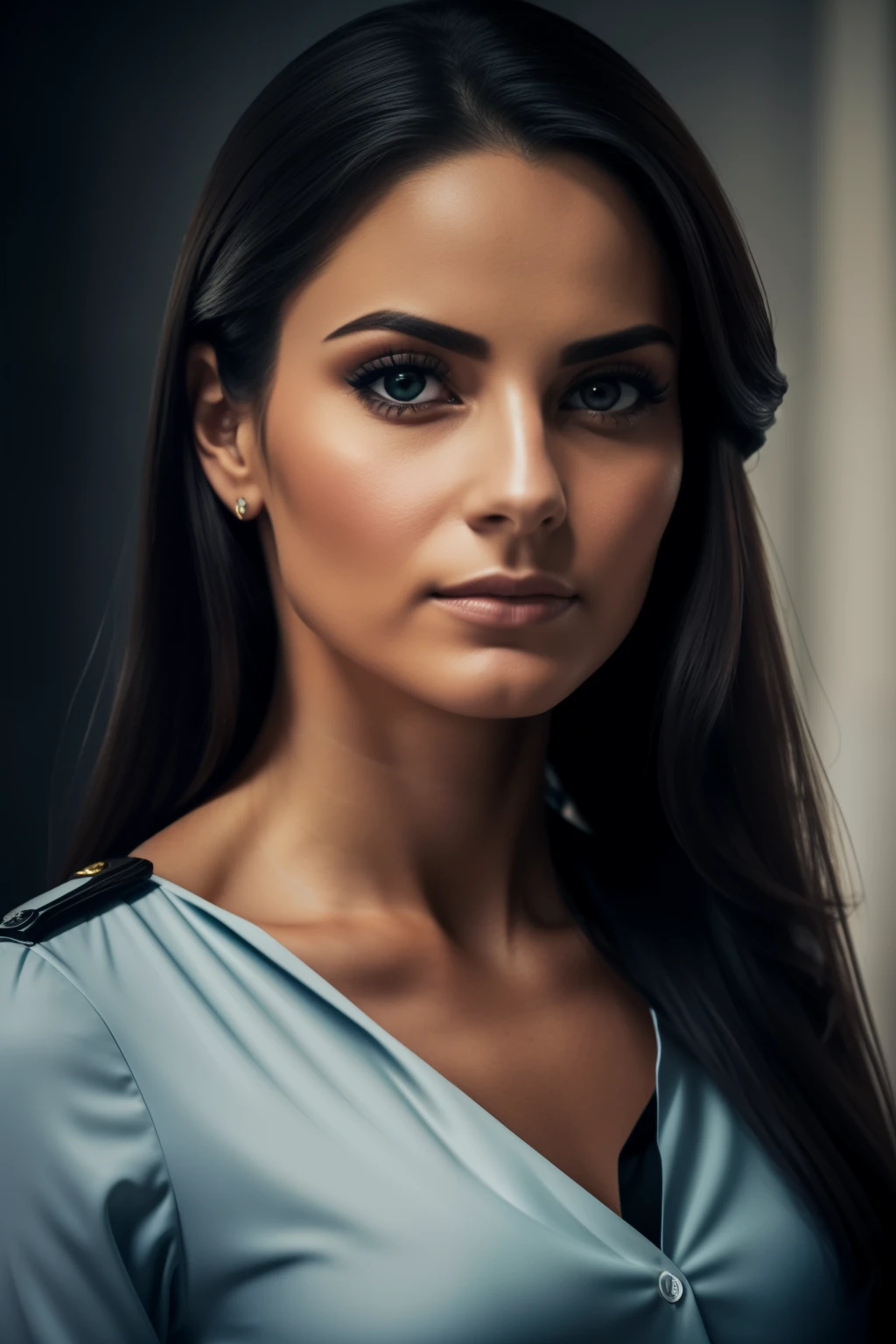 A male police officer with a fit and athletic physique interrogates a beautiful woman with long, cascading locks, her eyes wide with fear. The dimly lit investigative room in the background showcases peeling walls and worn furniture, adding to the tense atmosphere. The officer's piercing gaze remains fixed on the woman, his expression stern and unyielding. The woman, with delicate features and expressive eyes, clutches at the edges of her simple blouse, her glossy locks falling across her shoulders and obscuring her view. The scene unfolds with an air of suspense and intrigue, as the words exchanged between them are left unheard, leaving the viewer in anticipation