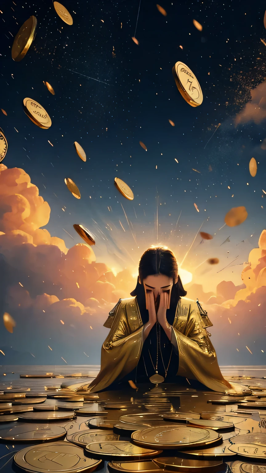  praying and gold coins falling from the sky 