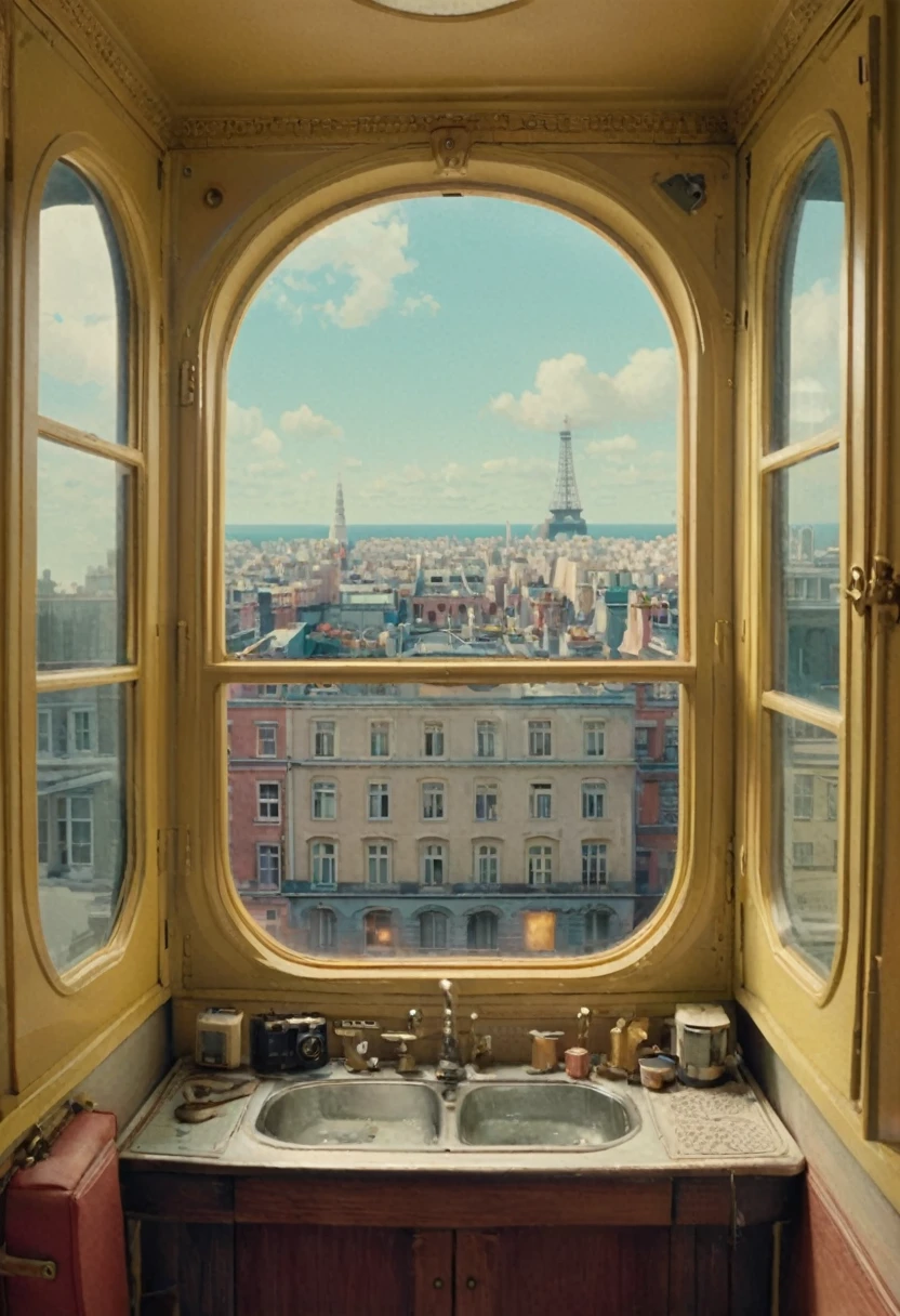 View Outside the Window from inside, by Wes Anderson, (masterpiece, best quality, perfect composition, very aesthetic, absurdres, ultra-detailed, intricate details, Professional, official art, Representative work:1.3)