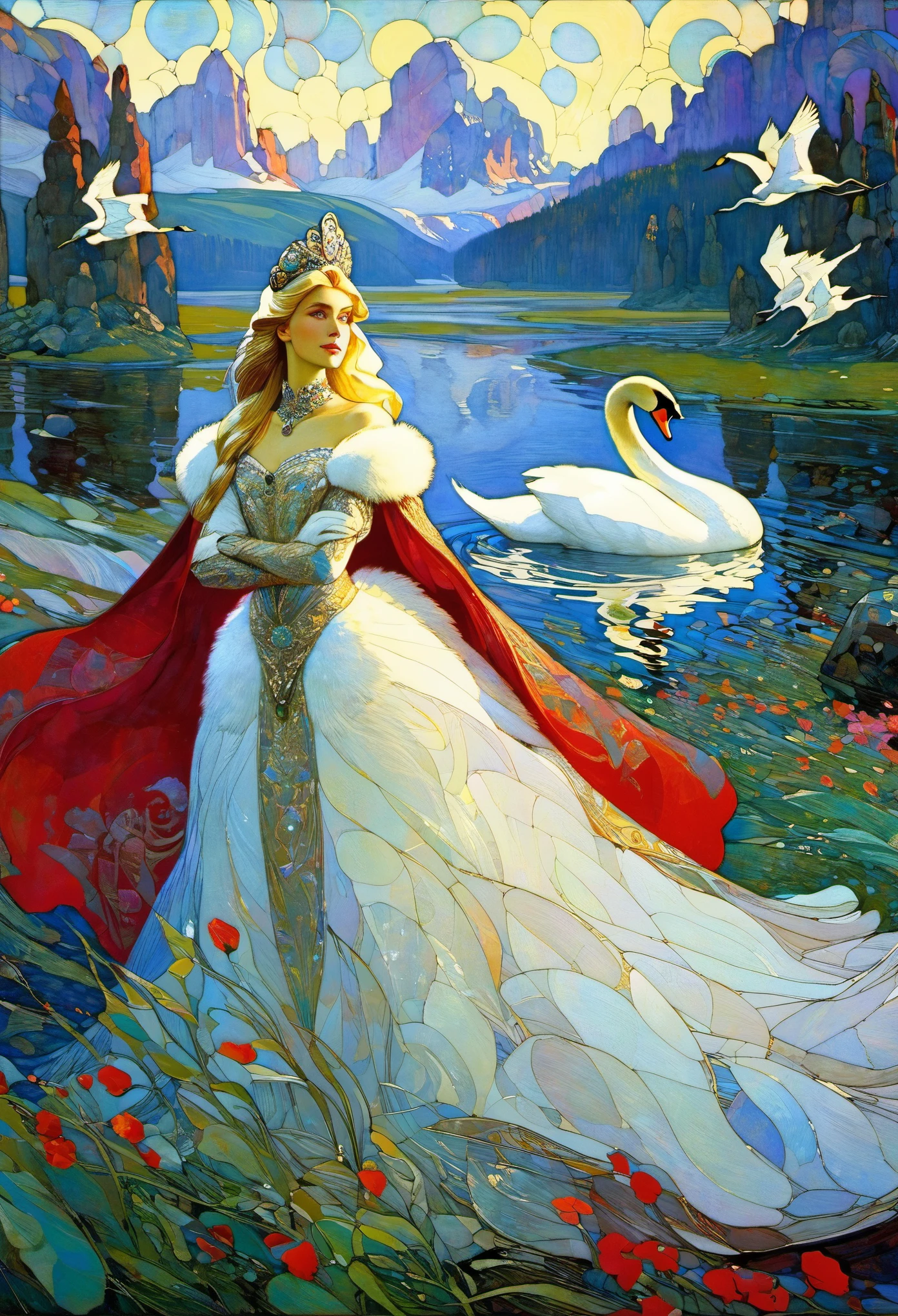 The Swan Princess ((Mikhail Vrubel style)), magic naive art, primitivism, protogen, crimson
, ((best quality, Masterpiece)), ((Highest detail)), RAW:1,1, 8k
