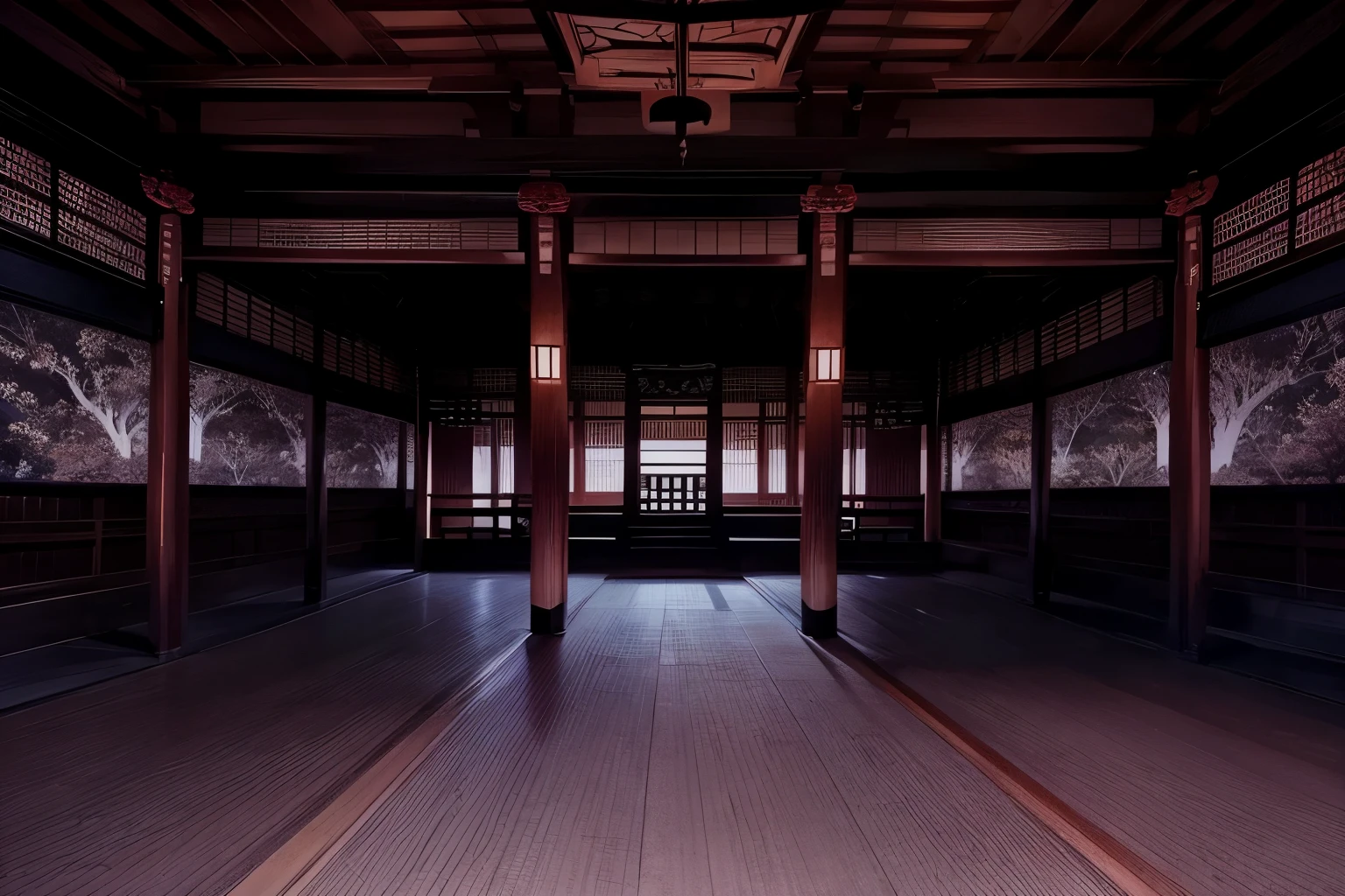 interior japanese palace, dark, night, anime background