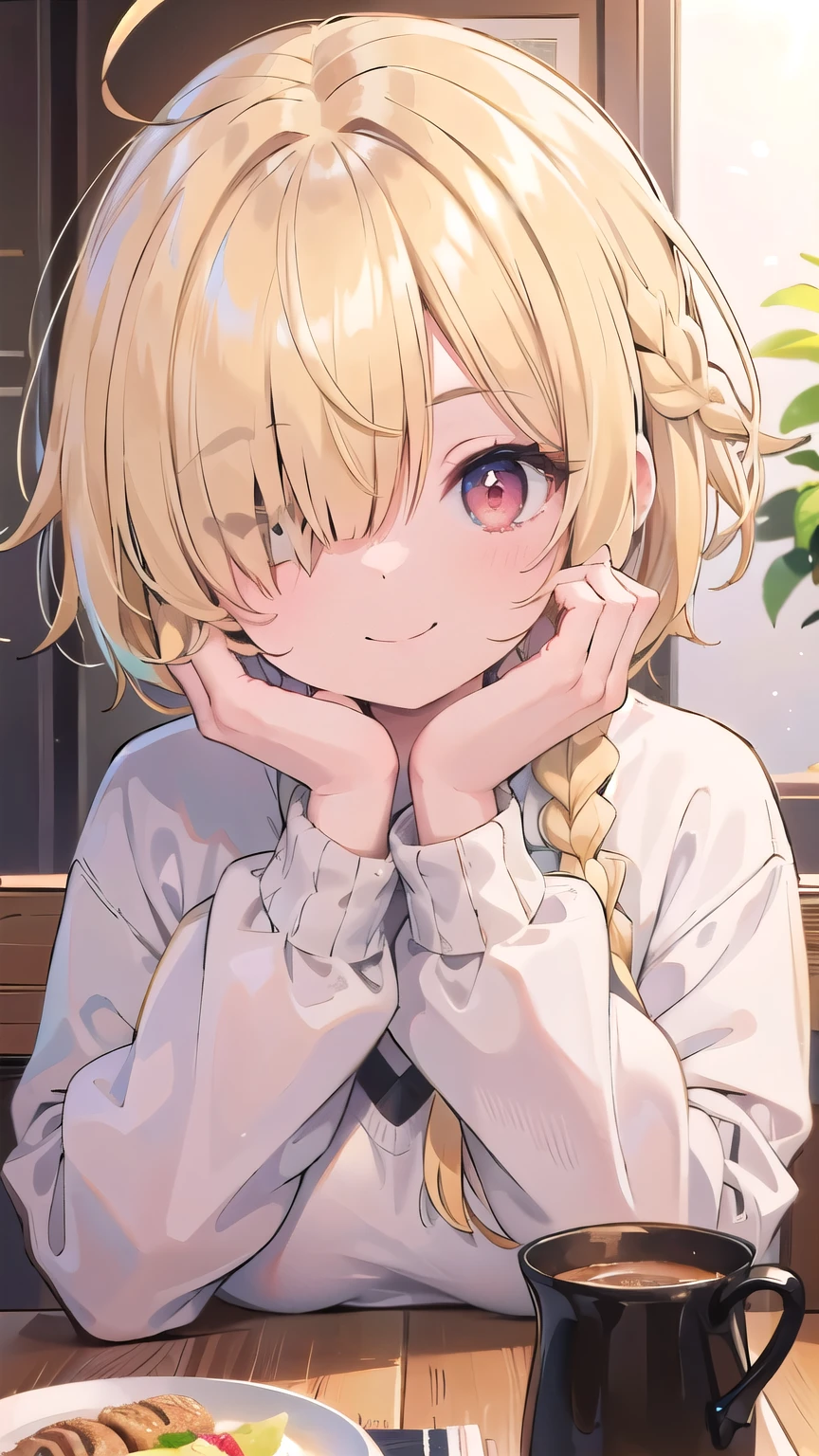 tits、smile、hands up, elbows on table, face palm、breasts close up, blonde　((((((hair over one eye)))))), Braid Styles, spiked hair, blunt bangs, bob hair, a braid, Ahoge　red eyes, No sleeve, knit sweater