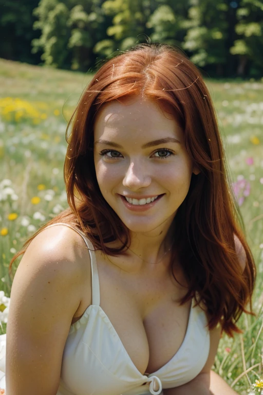 Anna Kendrick with dyed red hair in a watermelon field completely naked and smiling