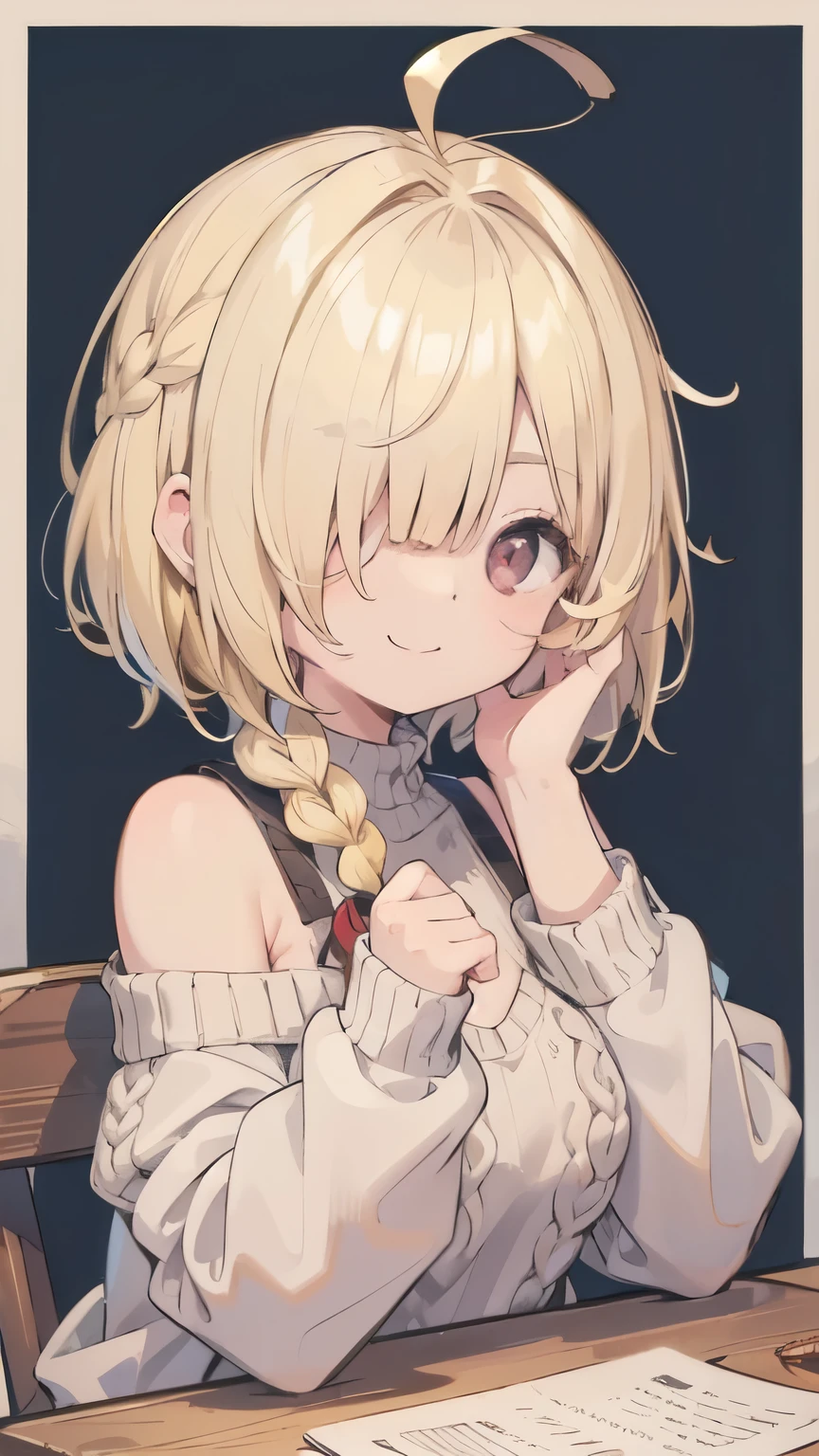 tits、smile、hands up, elbows on table, face palm、breasts close up, blonde　((((((hair over one eye)))))), Braid Styles, spiked hair, blunt bangs, bob hair, a braid, Ahoge　red eyes, off shoulder, knit sweater