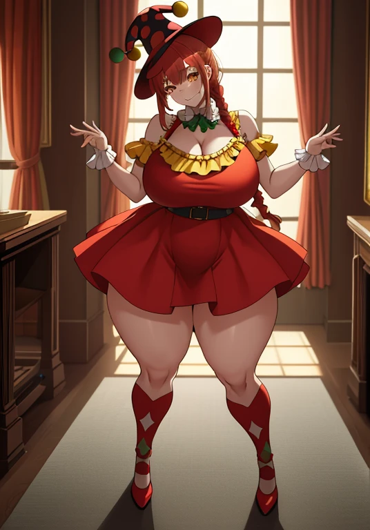 (masterpiece:1.2, best quality:1.2, beautiful, high quality, highres:1.1, aesthetic), detailed, extremely detailed, ambient soft lighting, 4K, perfect eyes, perfect face, perfect lighting,perfect female body, perfect breasts, perfect hips, perfect anatomy perfect hands makima \(chainsaw man\), best quality, ultra detailed, 1girl, solo, standing, red hair, long braided hair, golden eyes, bangs, huge breasts, huge ass, huge thighs, narrow waist, wide hips, thick thighs, curvy, clown outfit, colorful dress, jester hat, pointy shoes, stare, smile, looking at viewer, (interview:1.3),