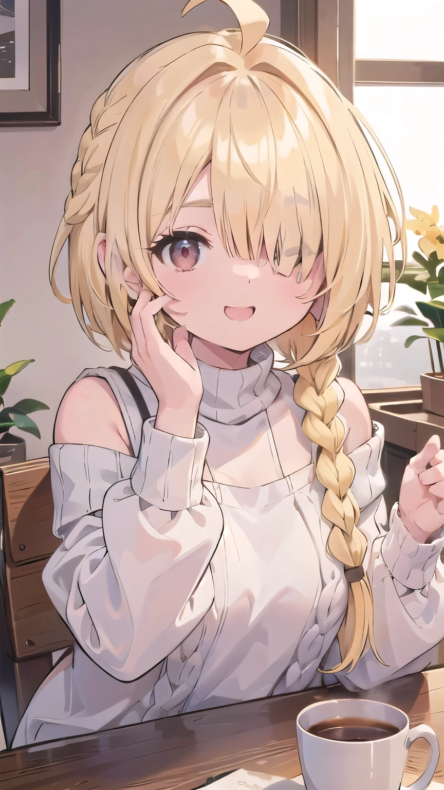 tits、smile、hands up, elbows on table, face palm、breasts close up, blonde ((((((hair over one eye)))))), Braid Styles, spiked hair, blunt bangs, bob hair, a braid, Ahoge red eyes, off shoulder, knit sweater