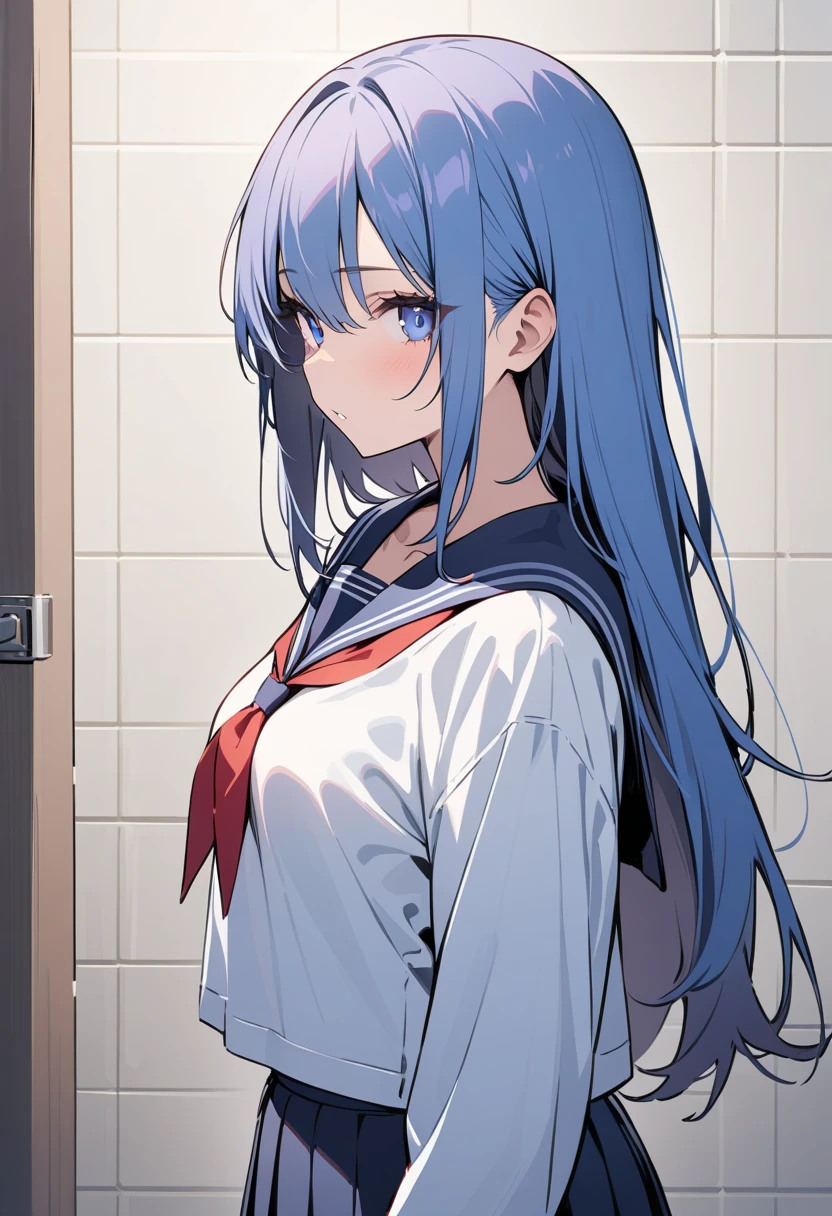 masterpiece,Master quality,high resolution,(top quality),minimalism,solo,Upper body,a woman,(extremely detailed face and eyes),messy long hair,(Sailor suit and pleated skirt),bare neck,standing,Tile wall background