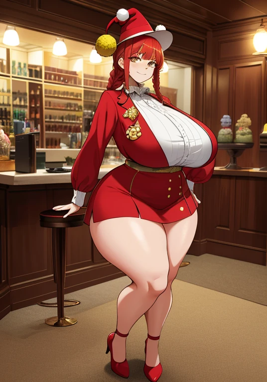 (masterpiece:1.2, best quality:1.2, beautiful, high quality, highres:1.1, aesthetic), detailed, extremely detailed, ambient soft lighting, 4K, perfect eyes, perfect face, perfect lighting,perfect female body, perfect breasts, perfect hips, perfect anatomy perfect hands makima \(chainsaw man\), best quality, ultra detailed, 1girl, solo, standing, red hair, long braided hair, golden eyes, bangs, huge breasts, huge ass, huge thighs, narrow waist, wide hips, thick thighs, curvy, clown outfit, colorful dress, jester hat, pointy shoes, stare, smile, looking at viewer, (interview:1.3),
