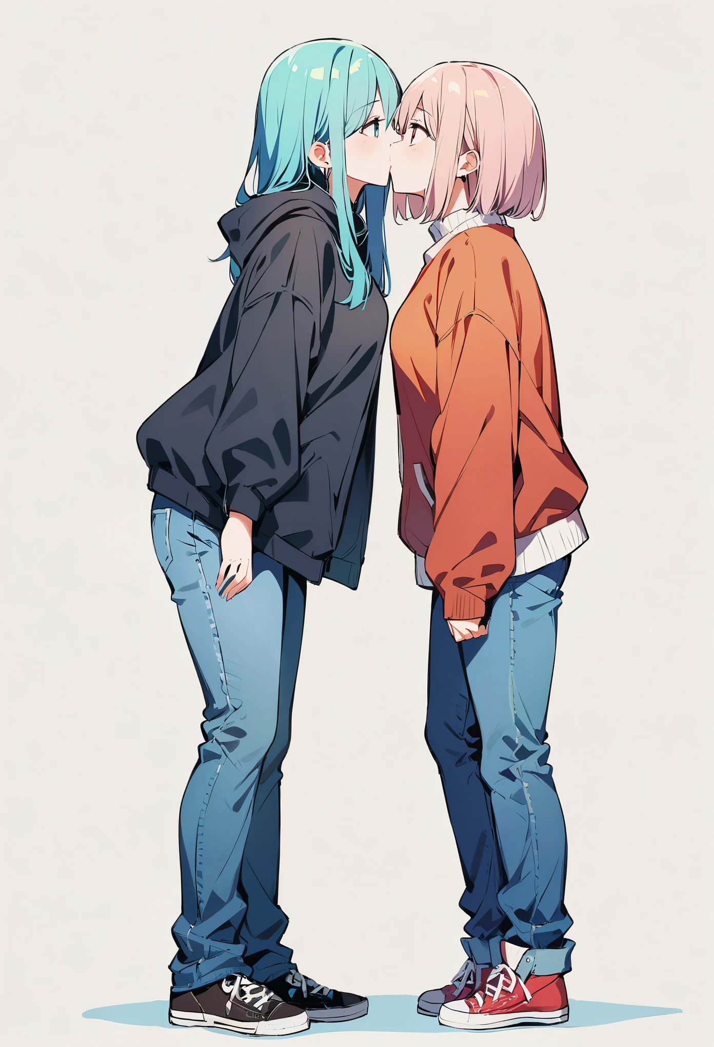 (best quality:1.2), 2 girls, face to face, looking at each other, standing apart, both standing apart, kissing, blue jeans, full body