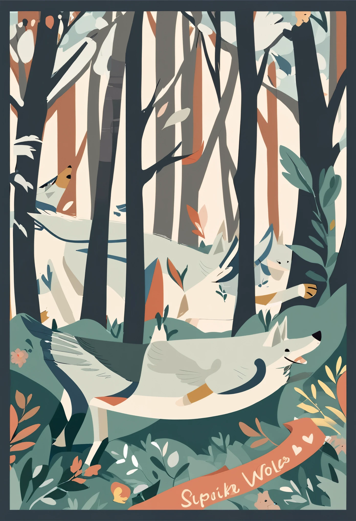 Simple design, Flat design, postcard, greeting card, frolicking with wolves in the forest,