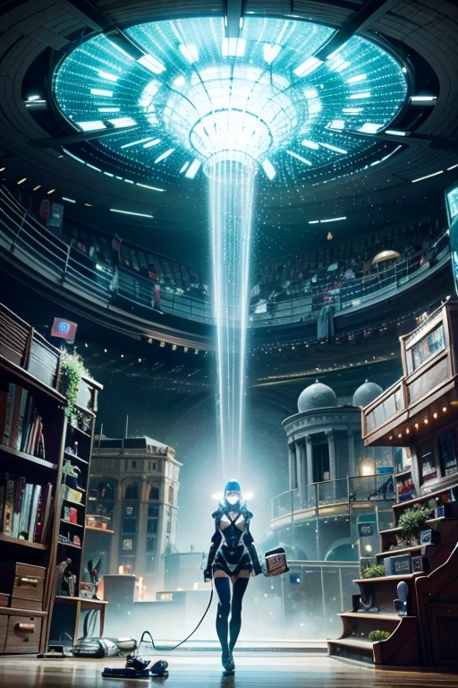 (best quality,4k,8k,highres,masterpiece:1.37), ultra-detailed, (realistic,photorealistic,photo-realistic:1.37), (aerial view), (top down perspective), 1woman, (the foreground is a woman pulling a video game cartridge out of a futuristic artifact box full of video game cartridges:1.6), (the woman is looking down:1.4), (Futuristic artifact box), (the artifact box is open), (The scene unfolds inside a mystical cavern:1.4), robot joints, mecha musume, (The woman is wearing a cyber suit made with glass details, covering her entire body:1.5), gatchaman, (She has a helmet glass visor:1.4), (dynamic angle:1.37), headgear, mechanical parts, (The woman's headgear is made of fractal mechanical parts:1.4), (fantasy and sci-fi mixed:1.37), holographic glitch effects floats around the woman, vibrant colors, (A blue glow emanates from inside the treasure chest), glowing lights, (abandoned machinery), (there are video game cartridges and consoles on the background), mystical creatures, (there are crystal formations spreading on the background), (futuristic technology), (ancient artifacts), mystical energy, vibrant retro aesthetic, atmospheric lighting, ancient ruins, mysterious symbols, lush vegetation, nostalgic atmosphere, epic adventure, delightful surprises