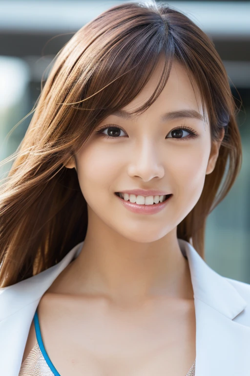 face and body shot, masutepiece, Best Quality, Photorealistic, Ultra-detailed, finely detail, High resolution, 8K Wallpaper, 1 beautiful woman, micro bikini, light brown messy hair, in a business suit, sharp focus, Perfect dynamic composition, Beautiful detailed eyes, detailed hairs, Detailed realistic skin texture, Smiling, Close-up portrait, Model body type