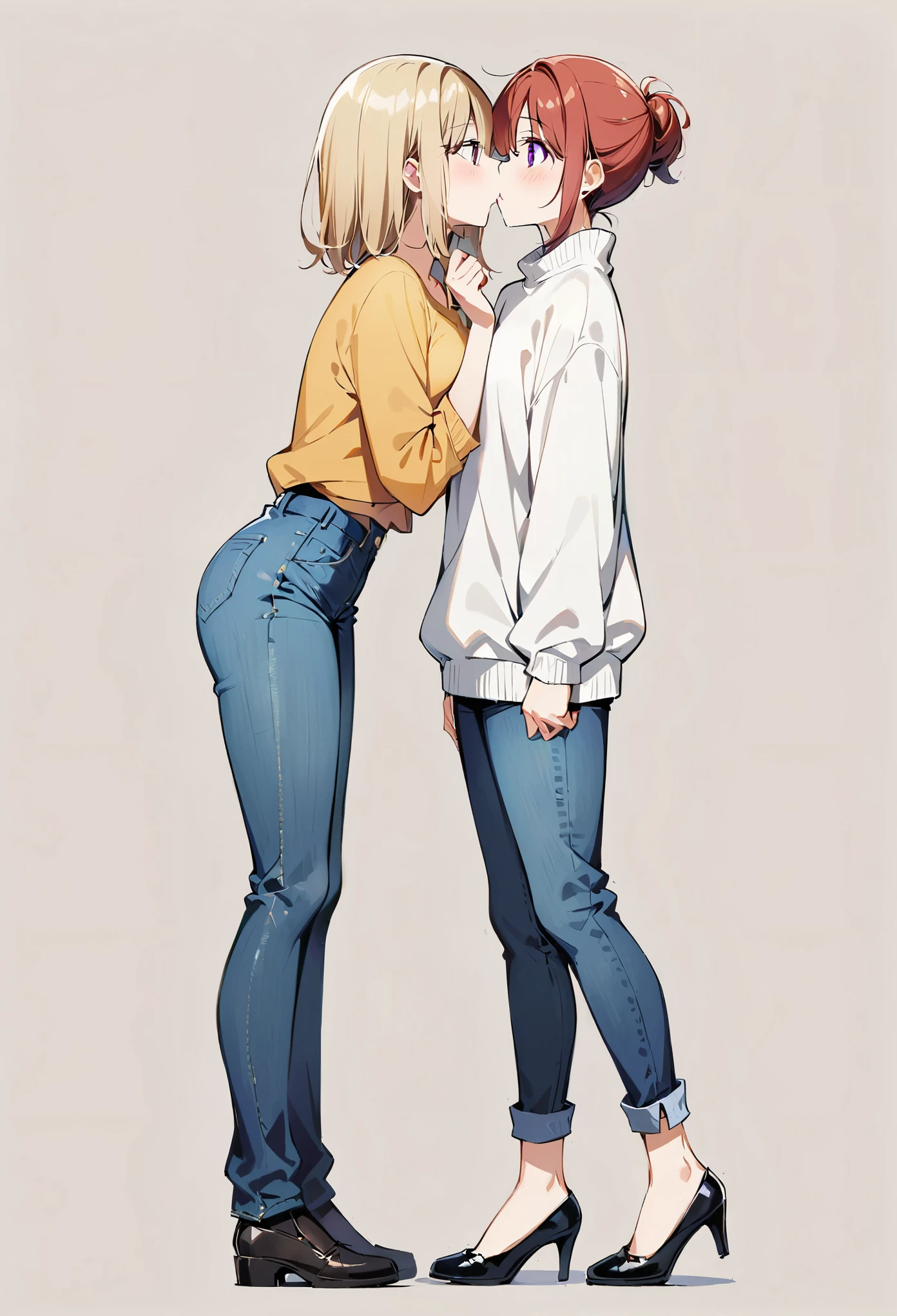 (best quality:1.2), 2 girls, face to face, looking at each other, standing apart, both standing apart, kissing, blue jeans, full body